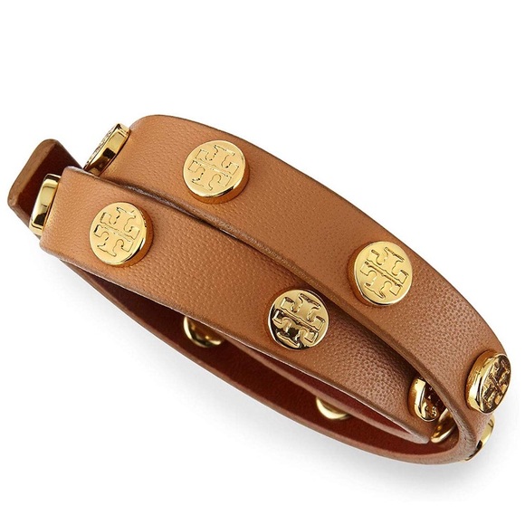 Tory Burch Jewelry - TORY BURCH Double Wrap Logo Stud Bracelet tan/gold